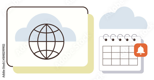 Globe representing global connectivity, calendar with reminder icon, and cloud icons. Ideal for organization, planning, technology, teamwork, global collaboration, data storage cloud-based