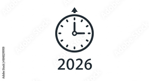 A clock icon with the year 2026 and an upward arrow indicating future time progress on a white background