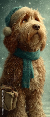 Charming dog in santa hat with gift brings xmas whimsy to life. Action poster. Smiling pup in santa hat holds gift on a merry christmas greeting card. Visual poster. Blockbuster poster.