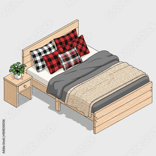 cozy bedroom with wooden bed frame and checkered and plaid pillows on a simple modern setup