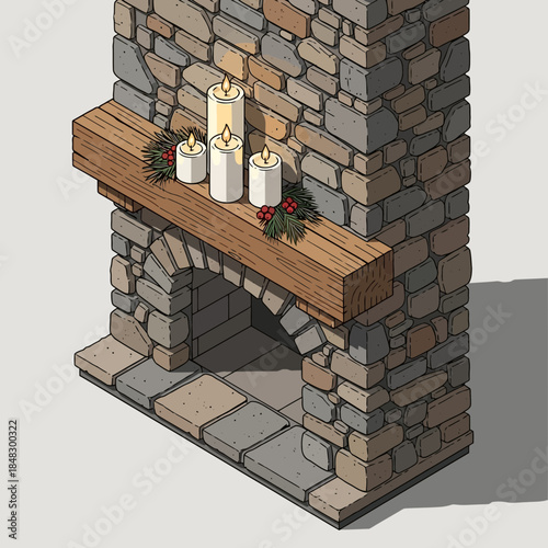 cozy fireplace with decorated wooden mantel and candles for holiday season