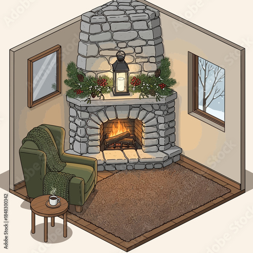 cozy indoor living room with stone fireplace, armchair, window view of winter landscape and