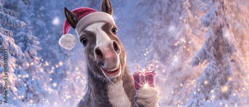 Adorable baby horse spreads holiday cheer with a toothsome grin. Fantasy poster. Cheerful horse foal grins with delight holding a red gift box. Action poster. Drama poster.