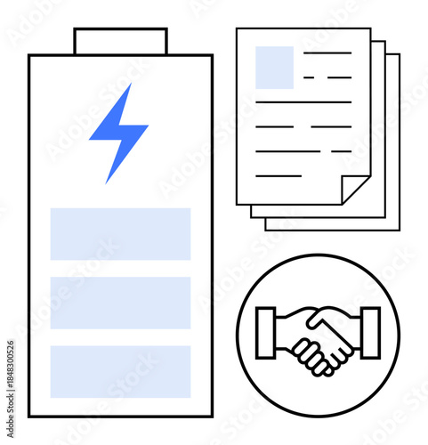 Energy management concept. Battery icon s power resources, handshake collaboration, and documents illustrate data organization in energy sectors. Ideal for sustainability, finance, teamwork