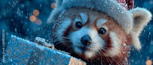 Red panda christmas wishes: smiles and gifts to warm your heart. Epic poster. Whimsical holiday panda: a vibrant christmas card delight. Poster illustration. Scifi poster.