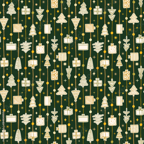 Elegant Christmas vector seamless pattern with gift boxes, trees, dots and stripes, cute holiday background with stars and sparkles for banners and package design