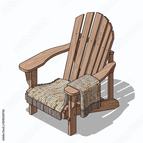 Cozy wooden outdoor Adirondack chair with blanket draped over the seat for relaxation