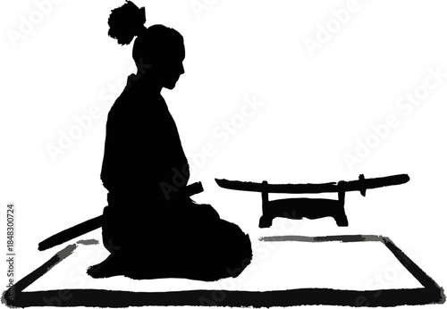 Meditating Samurai Ink Brush Silhouette. Peaceful Japanese Zen Warrior Sitting Vector Illustration