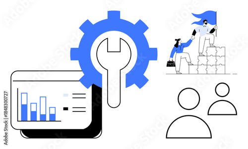 Business growth, teamwork, analytics, project management, leadership, goal achievement. Gear and wrench, bar charts abstract people figures collaborative team building. Business growth and teamwork