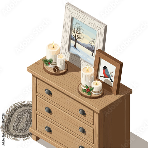 Decorative wooden dresser with framed winter landscape and cozy candles arrangement for festive