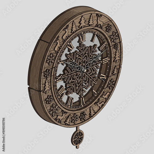 ornate round wooden wall clock with intricate carvings and snowflake design for home decor