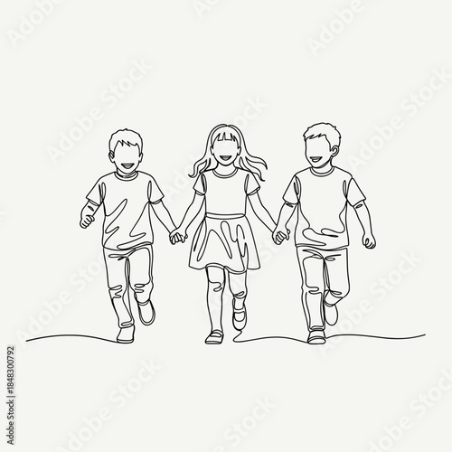 Happy Children Running Hand in Hand in Continuous Line Art Style. Minimalist One Line Drawing Illustrating Friendship, Unity, and Childhood Joy.