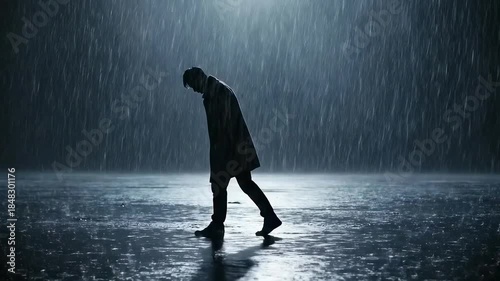A man walks in rain on a street with reflections. Concept of loneliness and depression.
