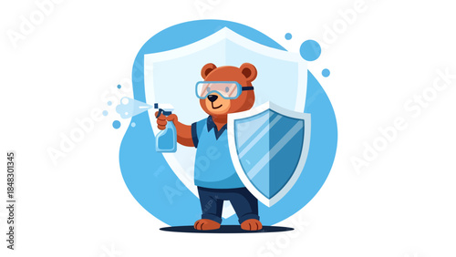 Cartoon bear in safety goggles holding spray bottle and shield