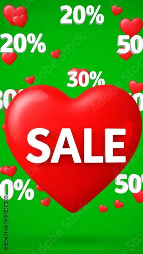 A heart shape with the word SALE appears in front of discount percentages on a green screen. Concept of retail promotion and seasonal sales. Vertical video.