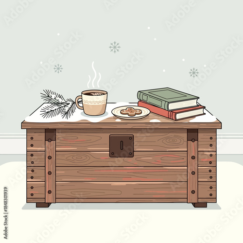 Cozy winter scene with a wooden chest, hot coffee, books and snowflakes for a warm indoor atmosphere