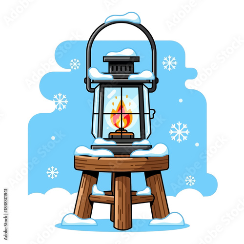 cozy winter scene with snow-covered lantern on wooden stool surrounded by snowflakes and a cold