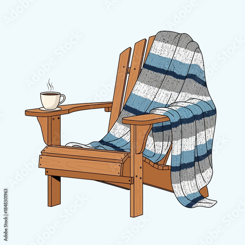 Cozy wooden outdoor armchair with a striped blanket and a steaming cup of coffee on the armrest