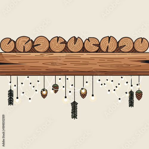 Hanging pine cones and wooden logs decorative arrangement with minimalist aesthetic for natural