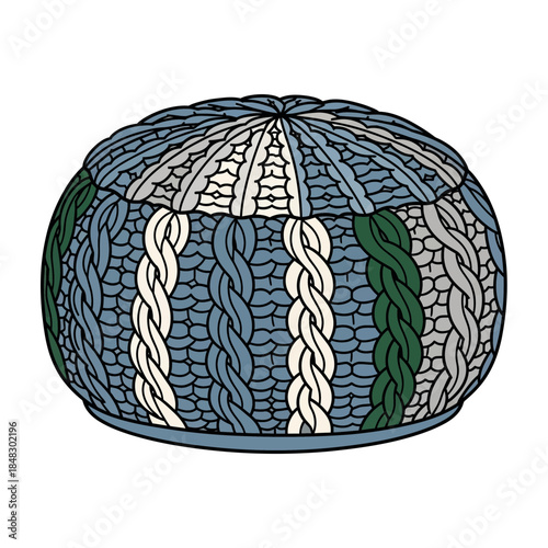 Illustration of a colorful knitted wool hat showcasing intricate cable patterns and varied shades