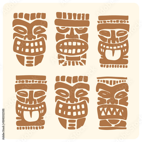 Hand Drawn Polynesian Tiki Mask Vector Set