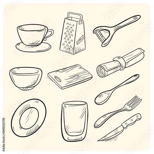 Kitchen Utensils and Tableware Doodle Set