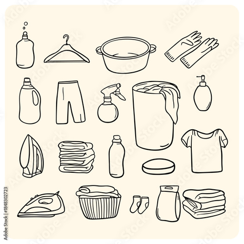 Laundry and Ironing Tools Doodle Icon Set