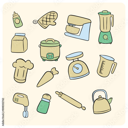 Pastel Kitchen Cooking and Baking Utensil Appliance Doodle Set