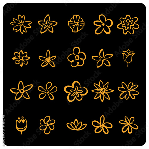 Simple Minimalist Gold Floral and Flower Doodles on Black Background