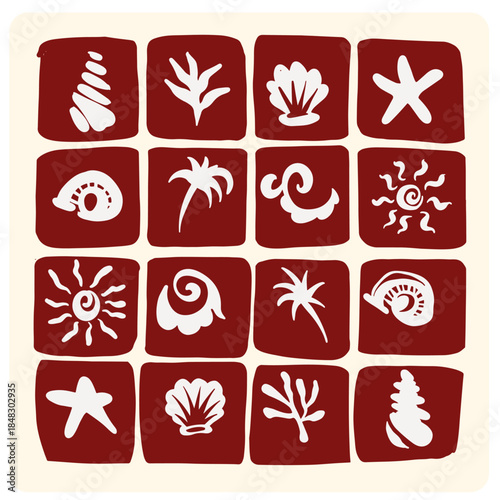 Summer Beach and Tropical Doodle Icons on Red Background