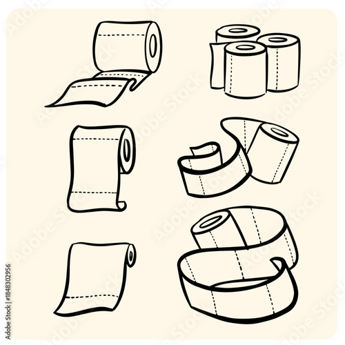Various Rolls of Toilet Paper and Tissues Hand-Drawn Doodle Set
