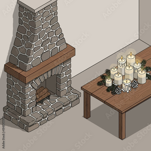 Cozy indoor fireplace with a festive table decoration featuring candles and holiday accents