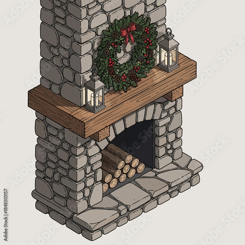 Cozy stone fireplace decorated with Christmas wreath and lanterns for holiday warmth and charm