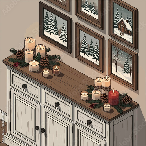 Cozy winter-themed interior decor with candles and framed snowy landscape pictures