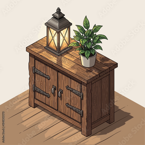 cozy wooden sideboard with lantern and potted plant in a warm interior setting