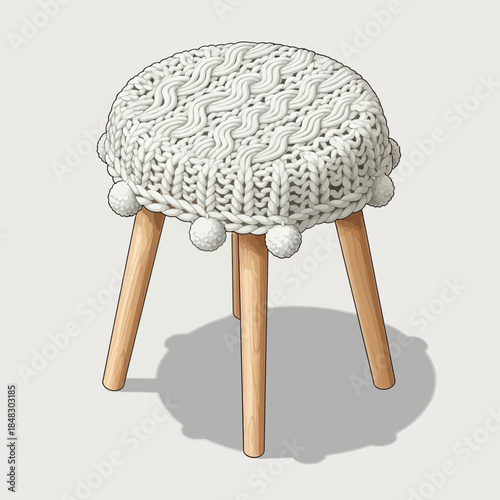 Cute and Cozy knitted footstool with pom-pom trim and wooden legs for home decor
