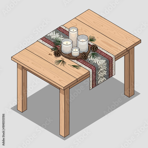 Elegant wooden dining table decorated with candles and a festive runner for cozy gatherings