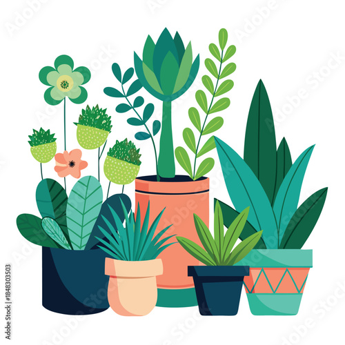 Collection of Stylized Potted Plants with Geometric Pots and Decorative Elements houseplants succulents
