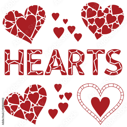 Collection of Red Hearts and the Word HEARTS with Cracked Texture love pattern