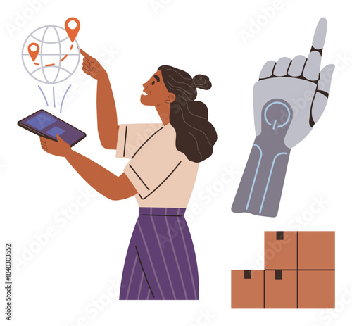 Woman interacts with globe and geolocation through tablet, robotic hand symbolizes automation, stacked boxes imply logistics. Ideal for technology, innovation, supply chain, AI, shipping, e-commerce