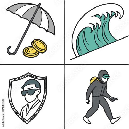 Four Icons Representing Insurance Against Fire Flood Security and a Burglar Keywords: insurance, protection, security, safety, risk, hazard, financial, investment, money, coins, umbrella, fire