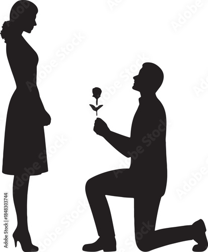 Man proposing with rose to woman silhouette proposal