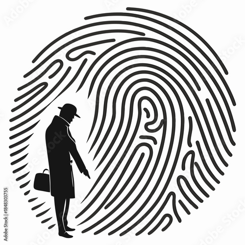Man in trench coat with briefcase looking down at a large circular fingerprint silhouette detective