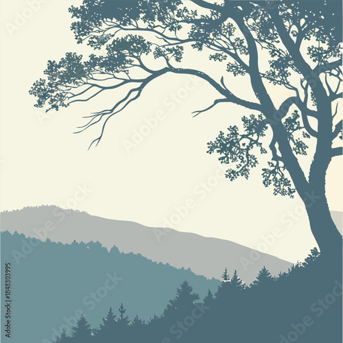 Serene Mountain Landscape with a Large Tree Silhouette and Layered Hills Keywords: silhouette, tree, mountain, landscape, nature, forest, hills, layered, background, vintage, retro, illustration