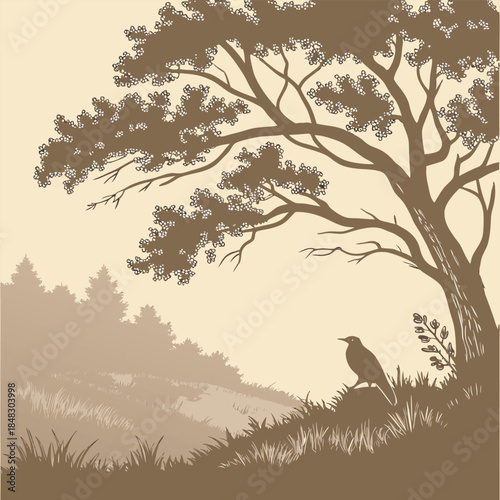 Sepia silhouette of a bird perched on a grassy hill under a large tree with a misty forest background