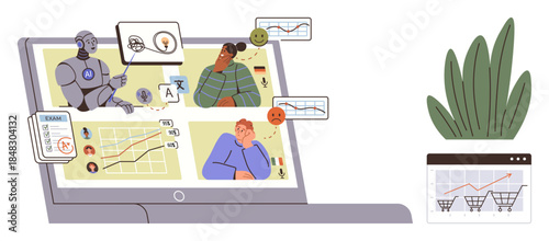 Robot explaining data visualization to people using charts, graphs, and interfaces. Ideal for technology, AI in business, data analytics, decision-making, innovation teamwork education. Simple flat