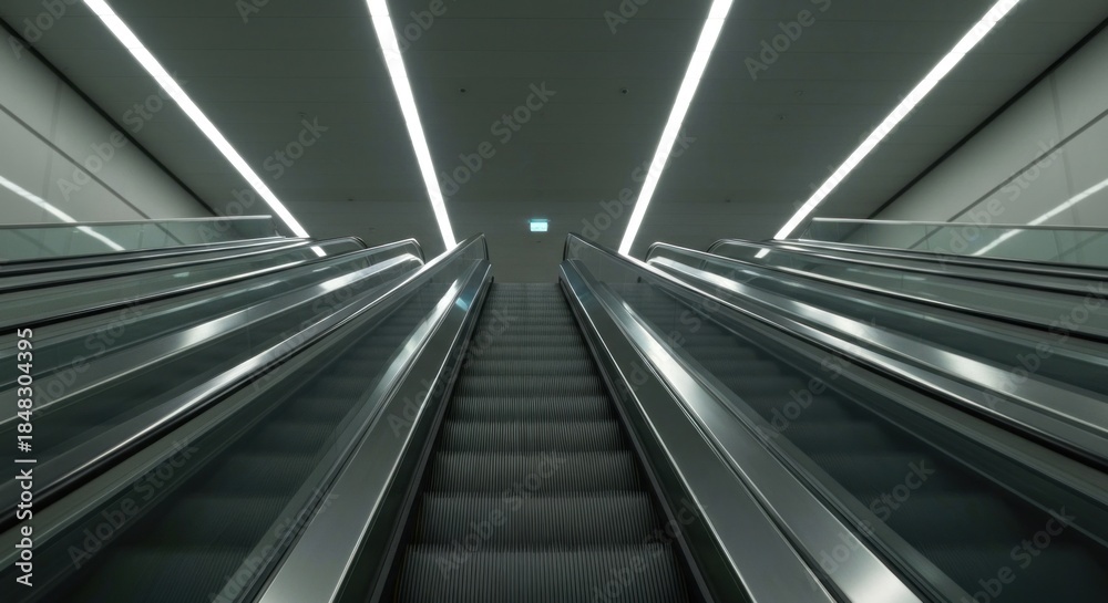 Fototapeta premium Modern escalators ascend in a sleek, minimalist interior