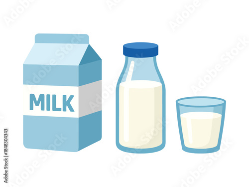 vector illustration of blue milk carton, glass bottle with blue cap, and glass of milk. Perfect for dairy, breakfast, healthy food concepts.