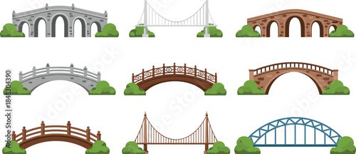 Set of various architectural bridge illustrations including stone arch bridges, modern suspension cable bridges, wooden footbridges, and steel truss structures for urban design.