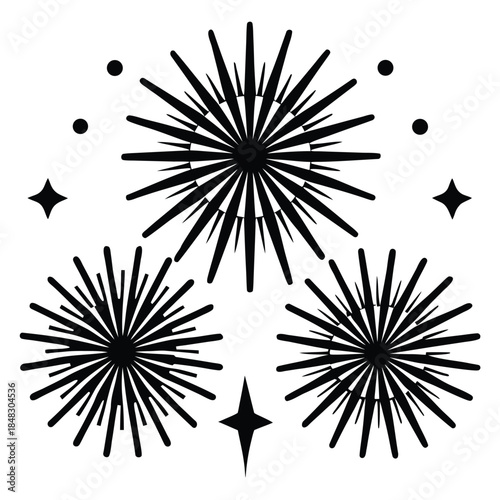 Three golden fireworks bursts illuminating the night sky, celebration, festive, New Year's Eve, sparkling